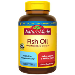 Nature Made Fish Oil 1000 mg softgels bottle showing heart health support