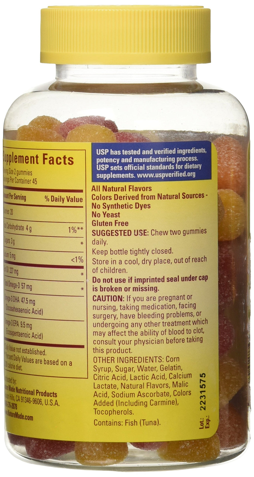 Close-up of Nature Made Fish Oil Adult Gummies showing orange, lemon and strawberry banana flavors