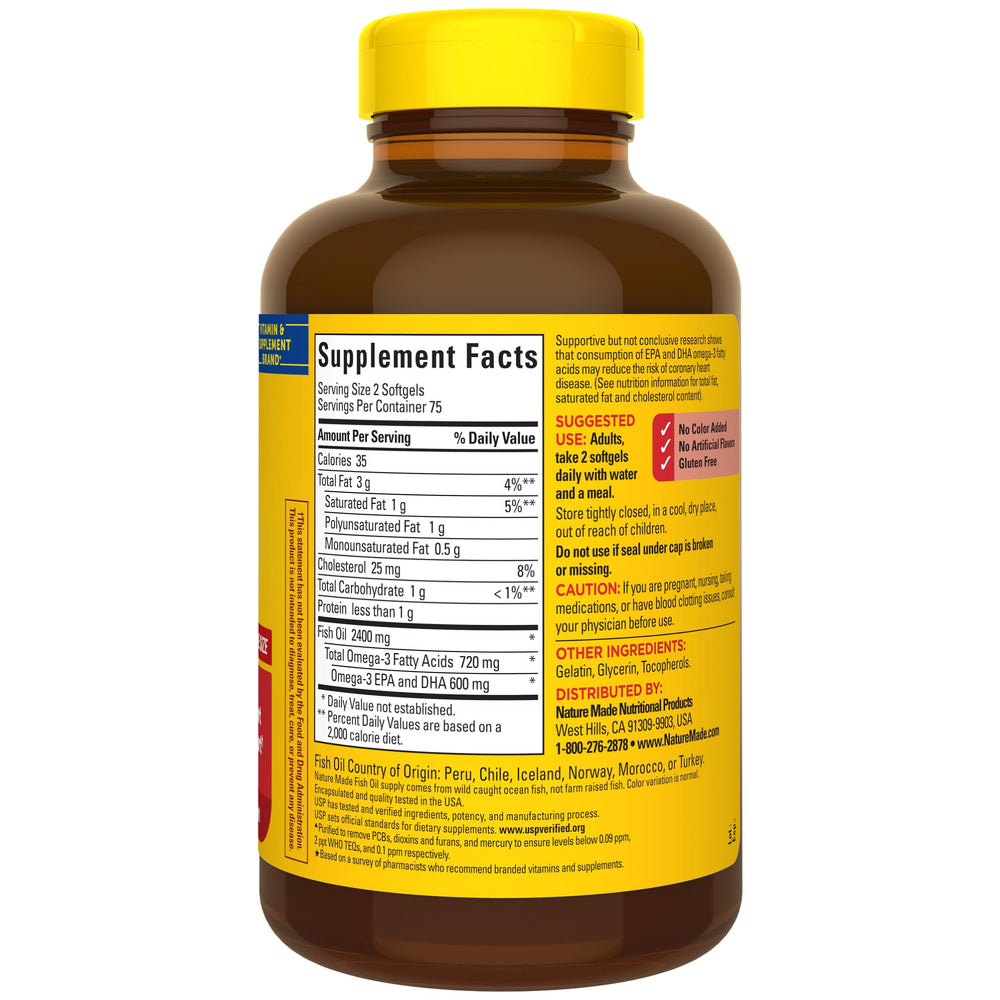 Front of Nature Made Fish Oil bottle showing 150 count