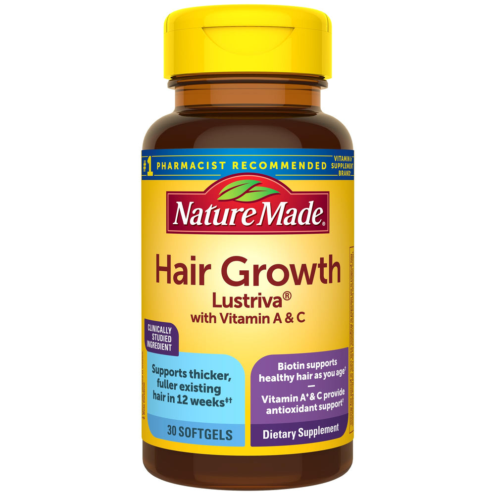 Front view of Nature Made Hair Growth Softgels Lustriva 30-count bottle