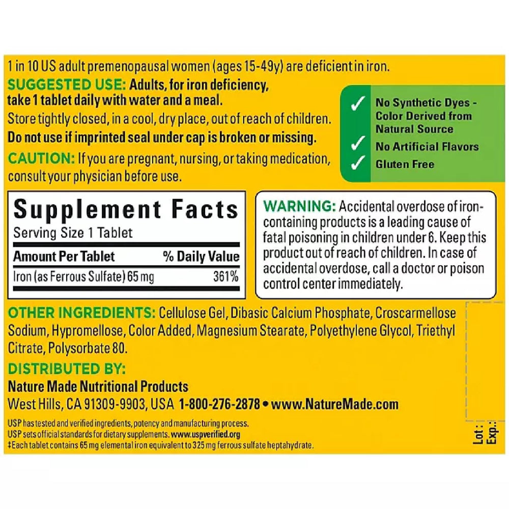 Iron supplement for premenopausal women – Nature Made Iron 65 mg for reproductive years