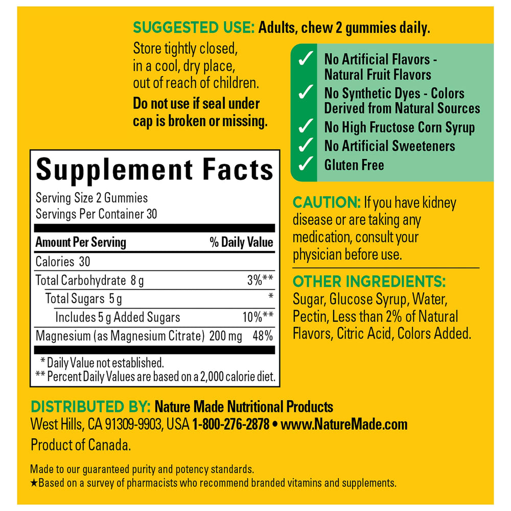 Nature Made magnesium citrate bottle label close-up with nutrition facts visible.
