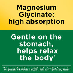 Label detail of Nature Made Magnesium Glycinate highlighting gluten-free and no artificial colors.