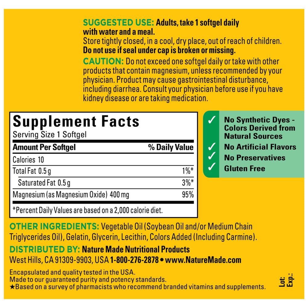No artificial flavors noted on Nature Made Magnesium Oxide 400 mg Softgels