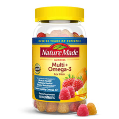 Nature Made Men's Multivitamin Gummies with Omega-3 bottle for daily energy support.