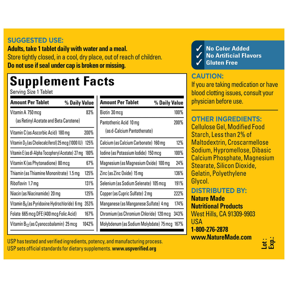 Supplement facts panel for Nature Made Multivitamin For Him 50+
