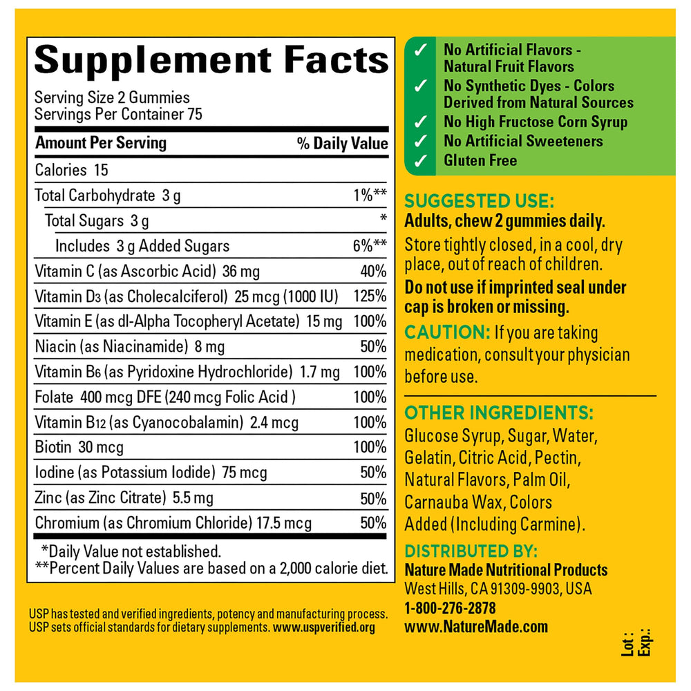 Close-up of Nature Made Multivitamin Gummies dosage information