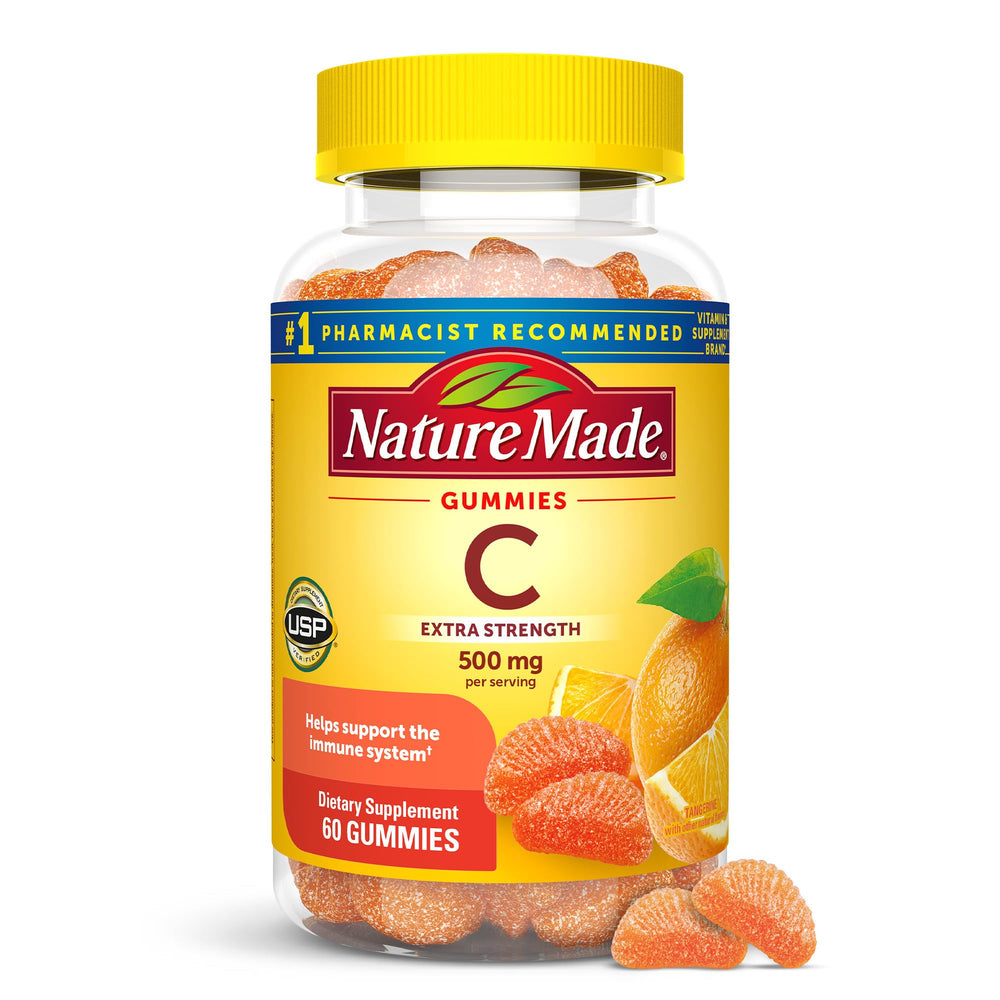 Nature Made nutrition facts label highlighting vitamin C content and serving size.