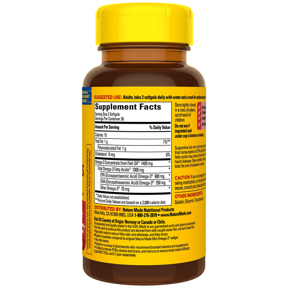 Closeup of Nature Made Omega-3 bottle