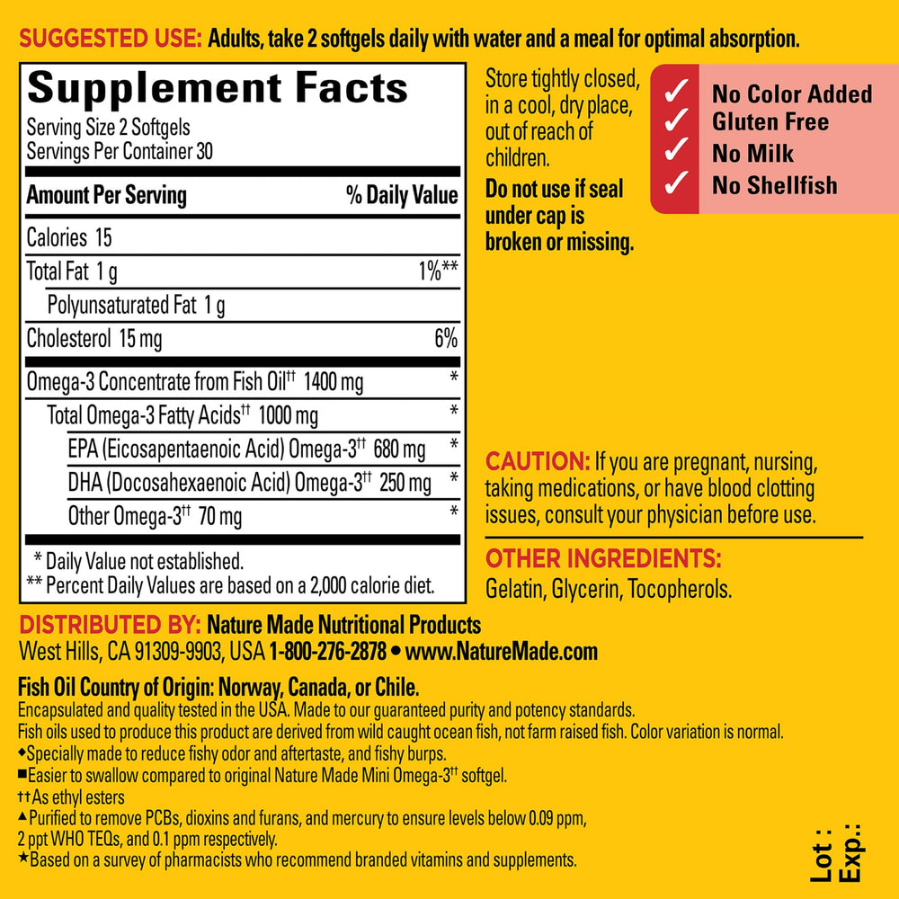 Two mini Omega-3 softgels supporting heart brain eyes