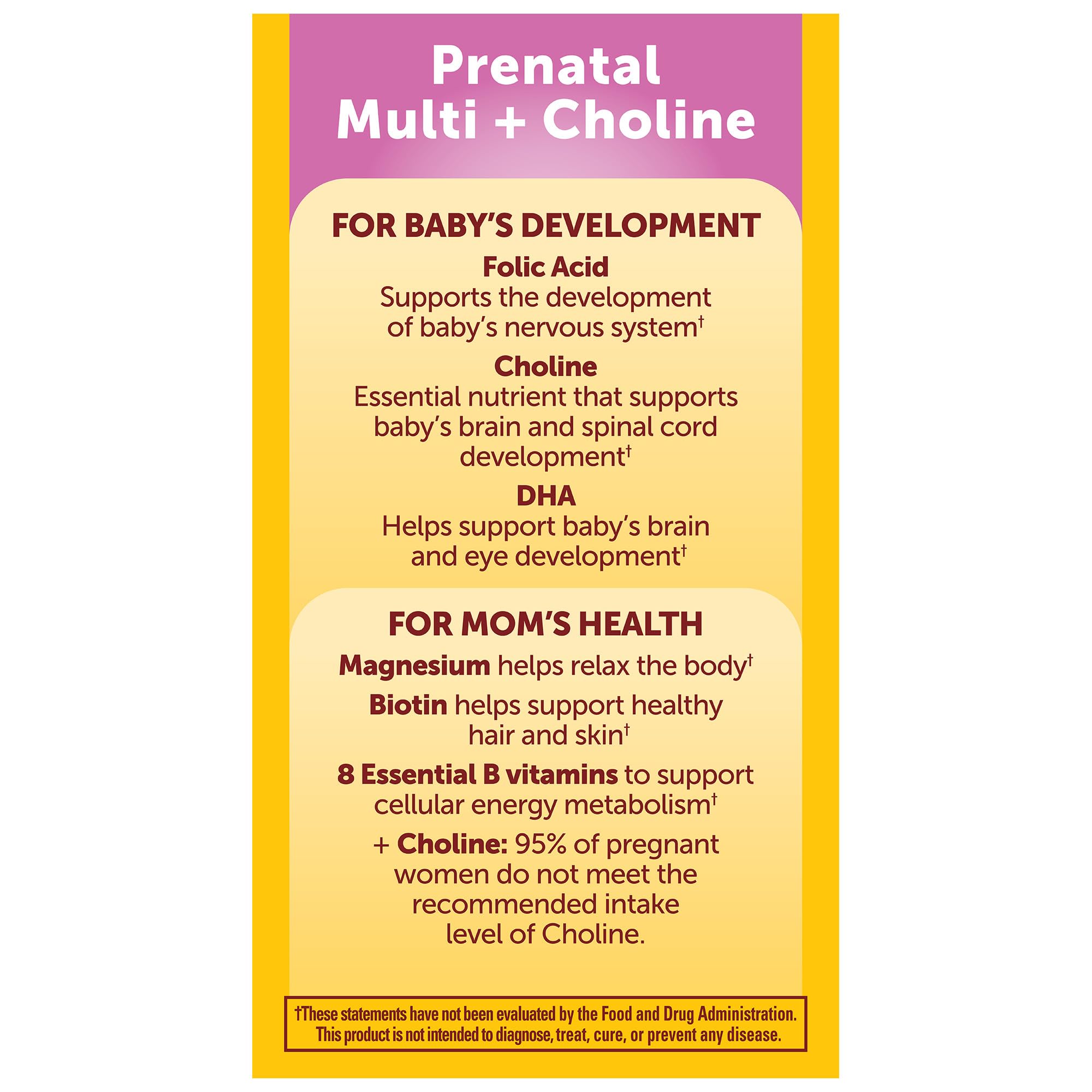 Daily use of Nature Made prenatal vitamins and choline for 60-day supply Daily use of Nature Made prenatal vitamins and choline for 60-day supply
