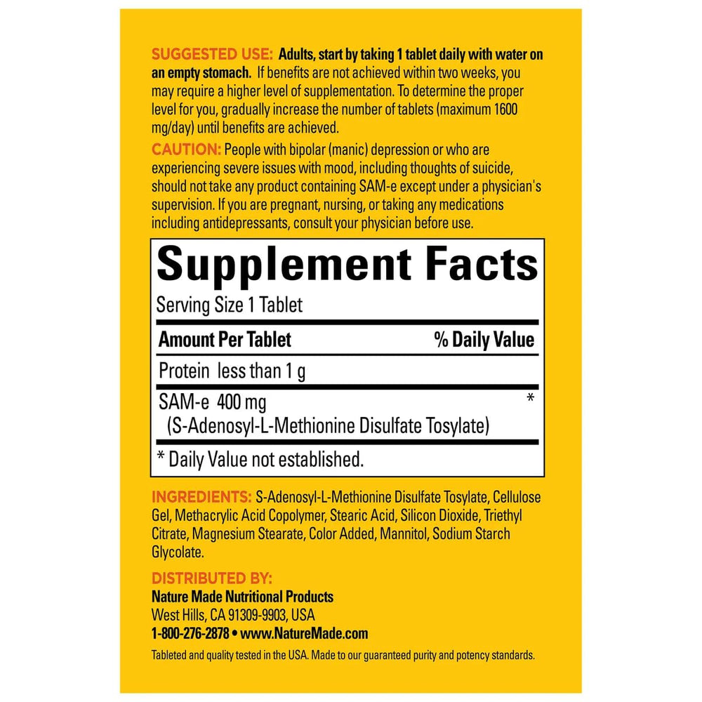 Nature Made SAM-e Complete 400 mg supplement label and ingredients