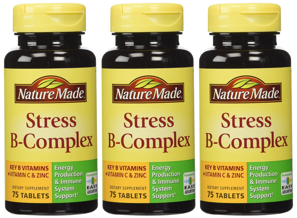 Nature Made Stress B Complex W Zinc bottle and label showing 225 total tablets (pack of 3)