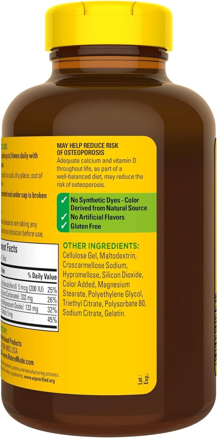 Close-up shot of Nature Made calcium magnesium zinc vitamin D tablets