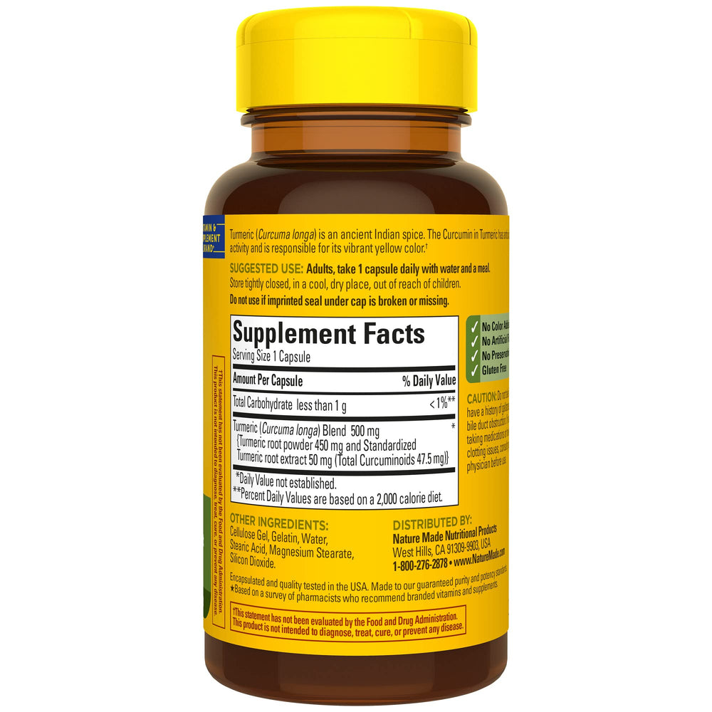 Nature Made Turmeric Curcumin 500 mg bottle with capsules arranged neatly