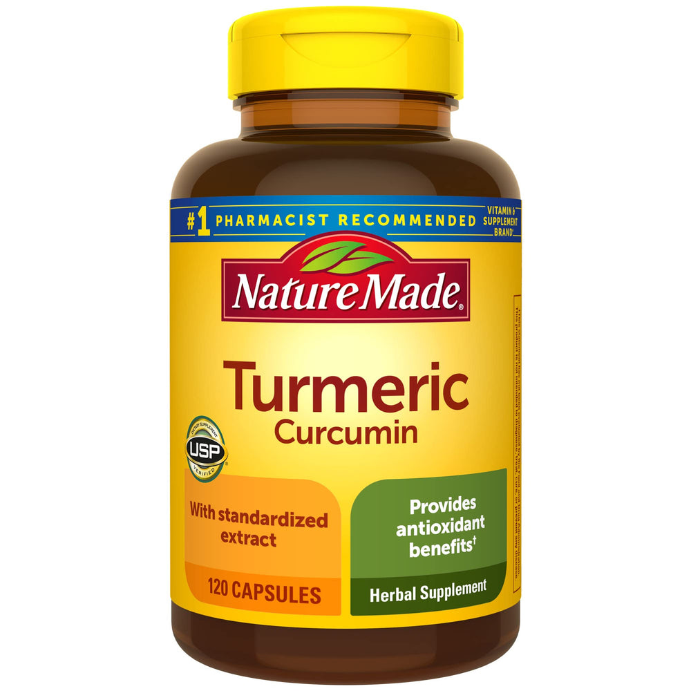 Nature Made Turmeric Curcumin 500 mg bottle on shelf for daily antioxidant support.