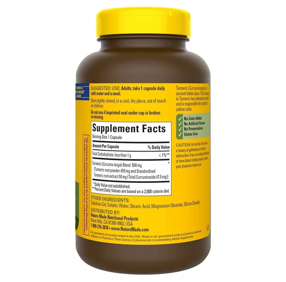 Close-up of Nature Made Turmeric Curcumin 500 mg capsules