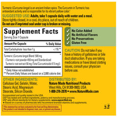Nature Made Turmeric Curcumin 500 mg capsules in daylight showcasing golden hue.