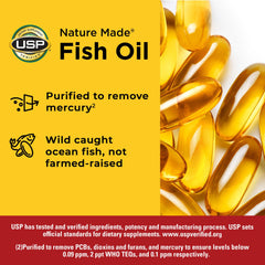 Nature Made Fish Oil bottle with serving suggestion to take with a meal.