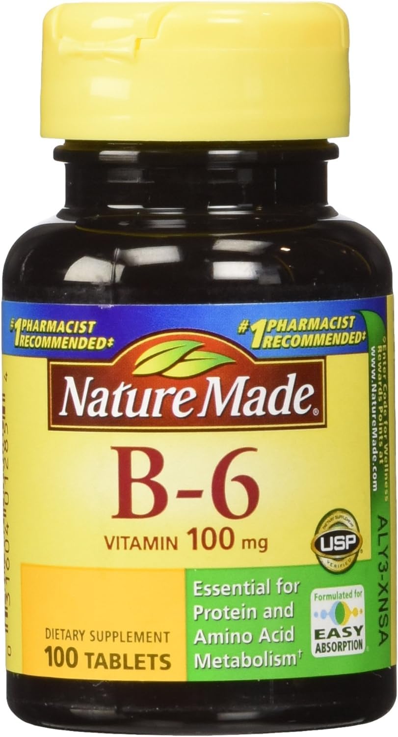Bottle label for Nature Made Vitamin B-6 100 mg tablets