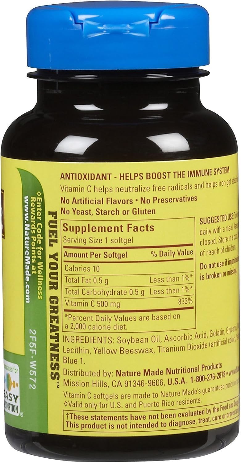 Close-up of Nature Made Vitamin C 500 mg Softgels bottles - Pack of 2