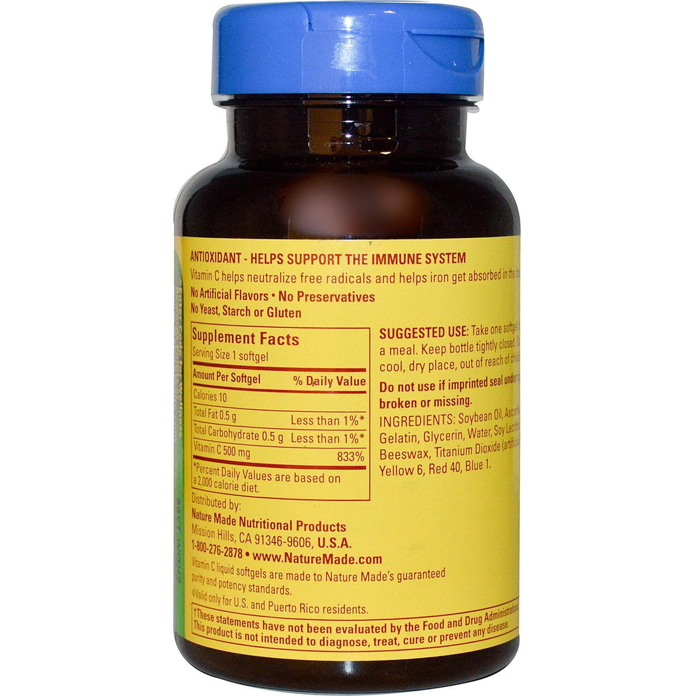 Close-up of Nature Made Vitamin C 500 mg Softgels bottle label