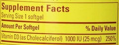 Close-up of Nature Made Vitamin D3 1000 IU 600 Softgels bottle label