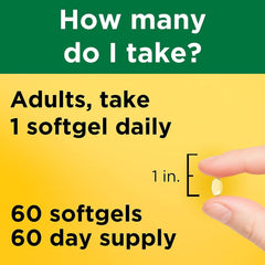 60 softgels per bottle highlighting daily vitamin D3 intake