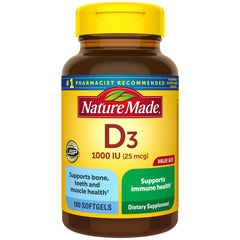 Nature Made Vitamin D3 1000 IU softgels bottle for bone support.
