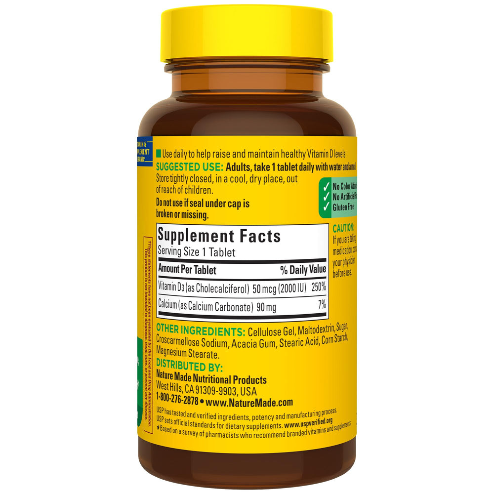 Nature Made Vitamin D3 gluten-free tablets suitable for adults seeking calcium absorption support.