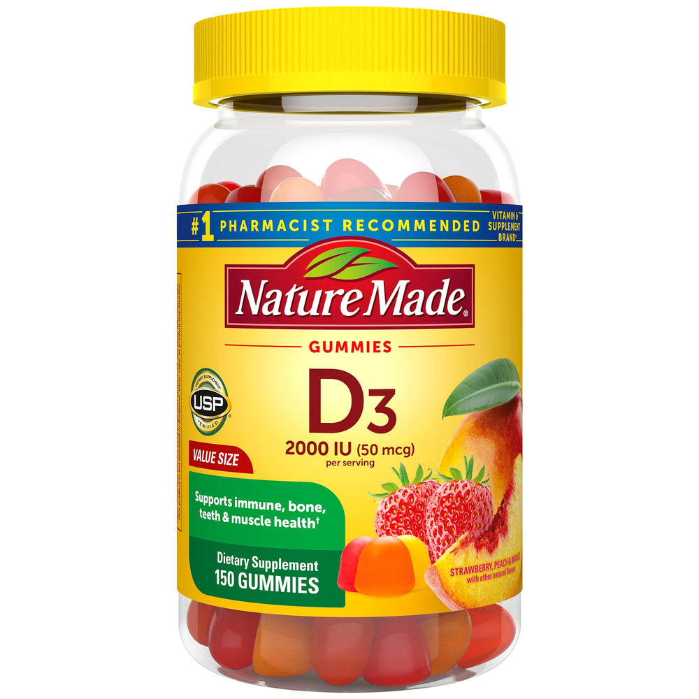 Bottle front of Nature Made Vitamin D3 2000 IU Gummies, 150 count
