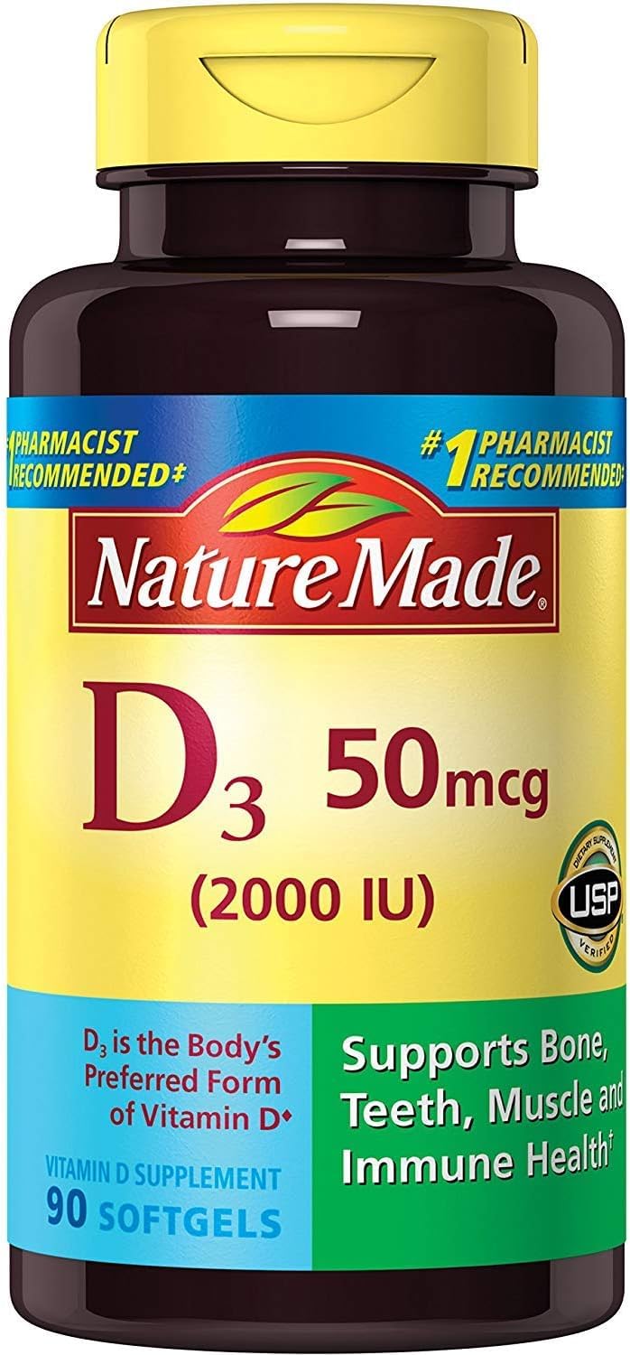 Nature Made Vitamin D3 2000 IU softgels bottle showing daily calcium absorption support.