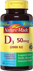 Nature Made Vitamin D3 2000 IU softgels bottle showing daily calcium absorption support.
