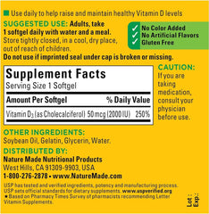 Nature Made Vitamin D3 2000 IU softgels label highlights USP verification and gluten-free formula.
