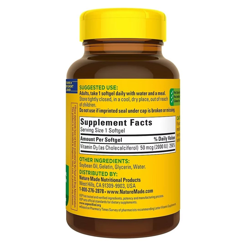 Nature Made Vitamin D3 2000 IU softgels bottle back label