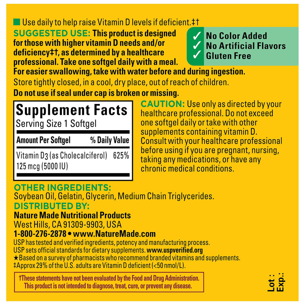 Nature Made Vitamin D3 5000 IU softgels close-up capsule detail shows quality.