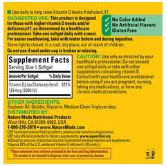 Nature Made Vitamin D3 5000 IU softgels close-up capsule detail shows quality.