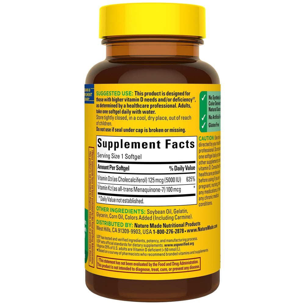 Nature Made Vitamin D3 K2 softgels color from natural sources on bottle