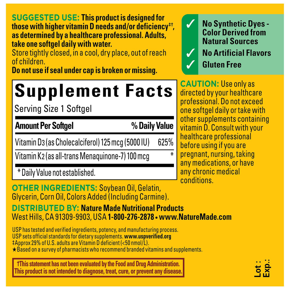 Nature Made Vitamin D3 K2 softgels USA-made packaging