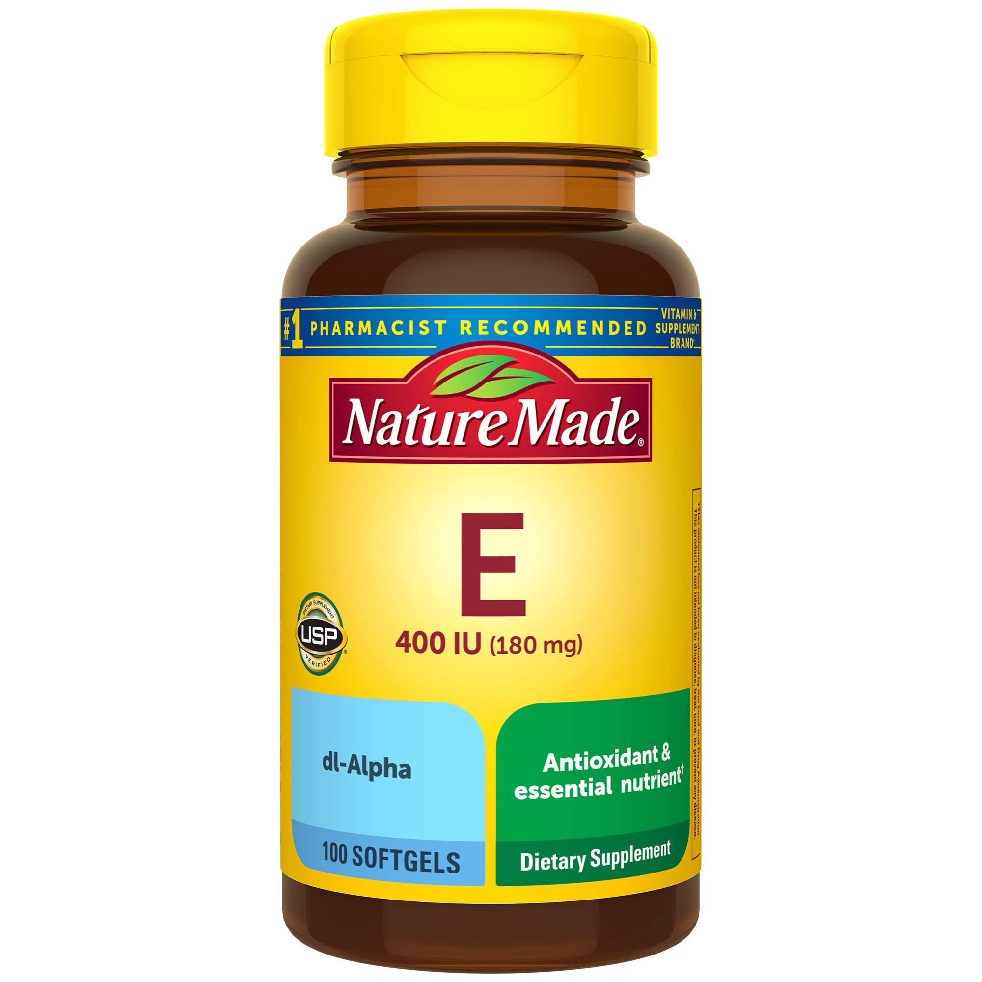 Bottle of Nature Made Vitamin E 400 IU dl-Alpha softgels with label Bottle of Nature Made Vitamin E 400 IU dl-Alpha softgels with label