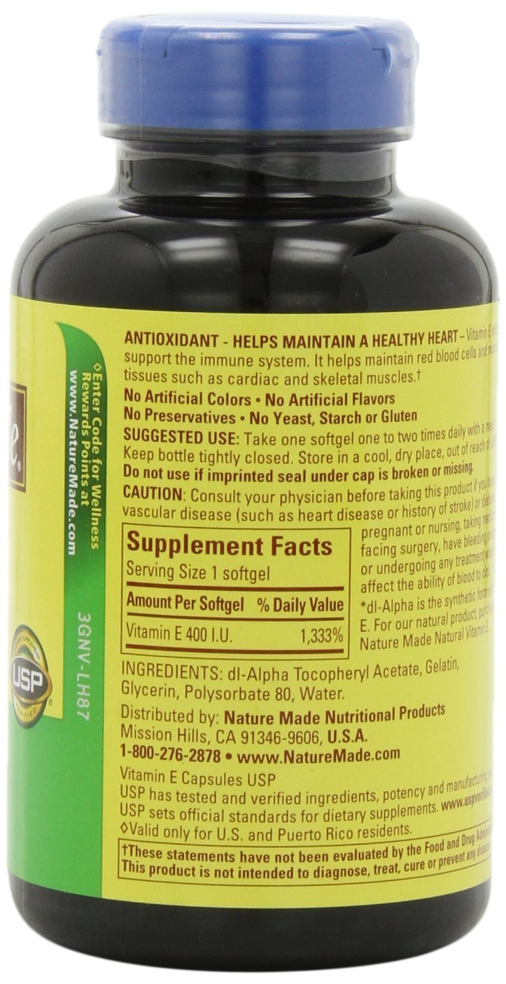 Nature Made Vitamin E 400IU softgels being poured for easy daily dosing