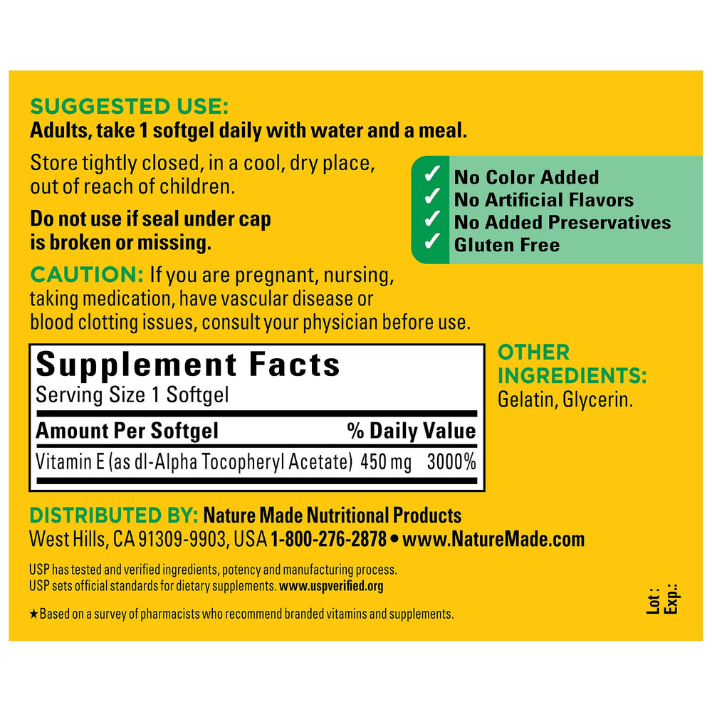 Nutrition facts panel for Nature Made Vitamin E dl-Alpha Softgels