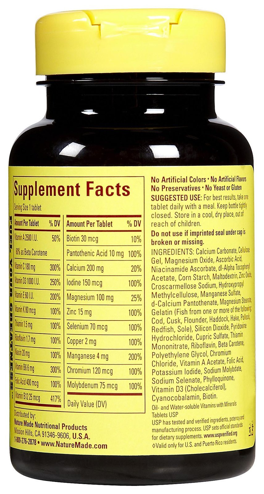 Close-up of Nature Made Women's Multivitamin 50+ 90-count bottle label