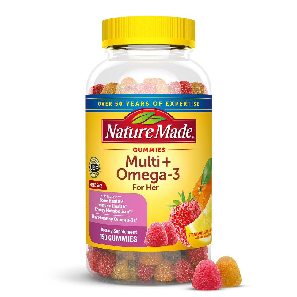 Nature Made Women's Multivitamin with Omega-3 gummies bottle on kitchen counter for daily nourishment