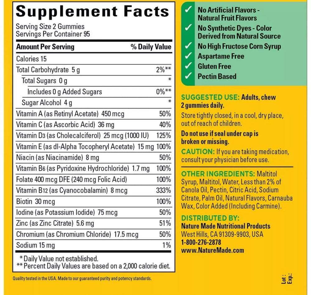 Close-up of Nature Made Zero Sugar Multi Gummies label showing vitamins A, B, C and D plus zinc