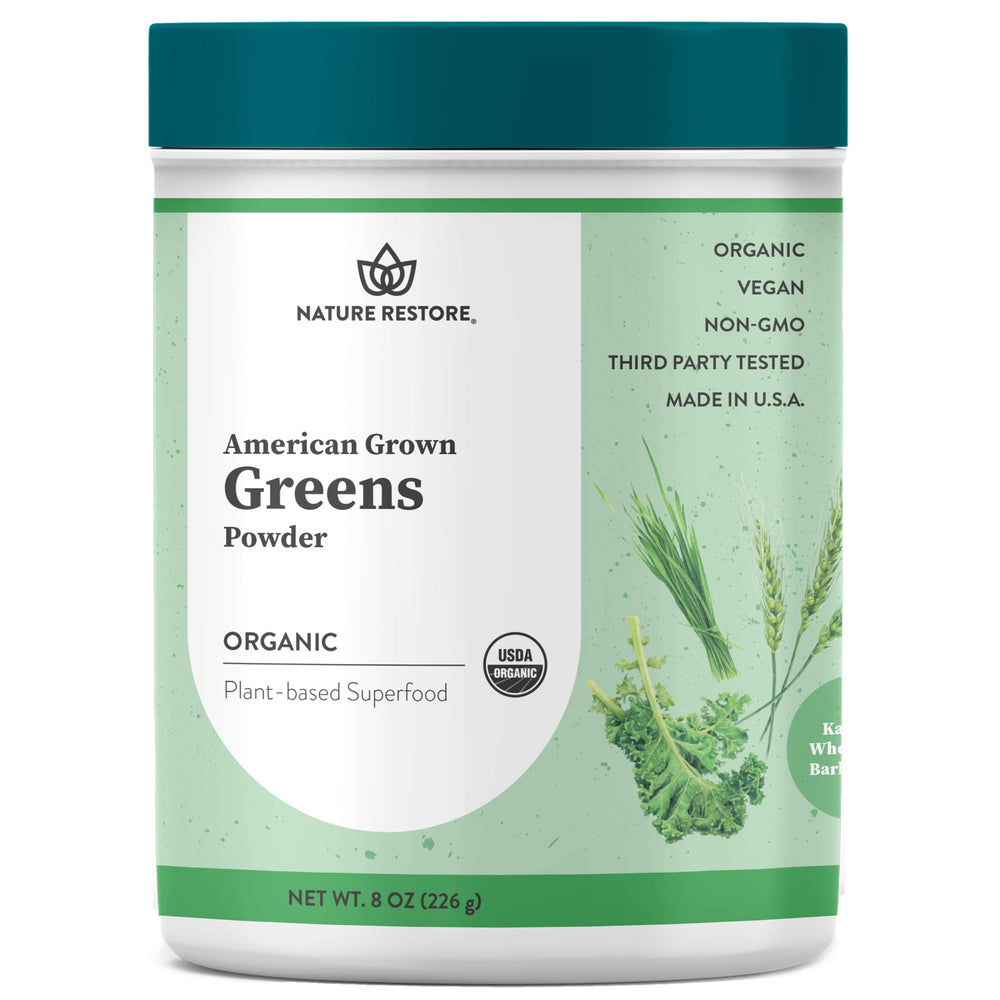 Front view of Nature Restore Greens powder bottle and label