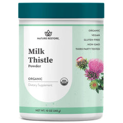 Front view of Nature Restore Milk Thistle Seed Powder 10 oz jar
