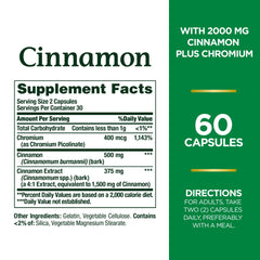 Close-up of Nature's Bounty Cinnamon 2000 mg Plus Chromium packaging