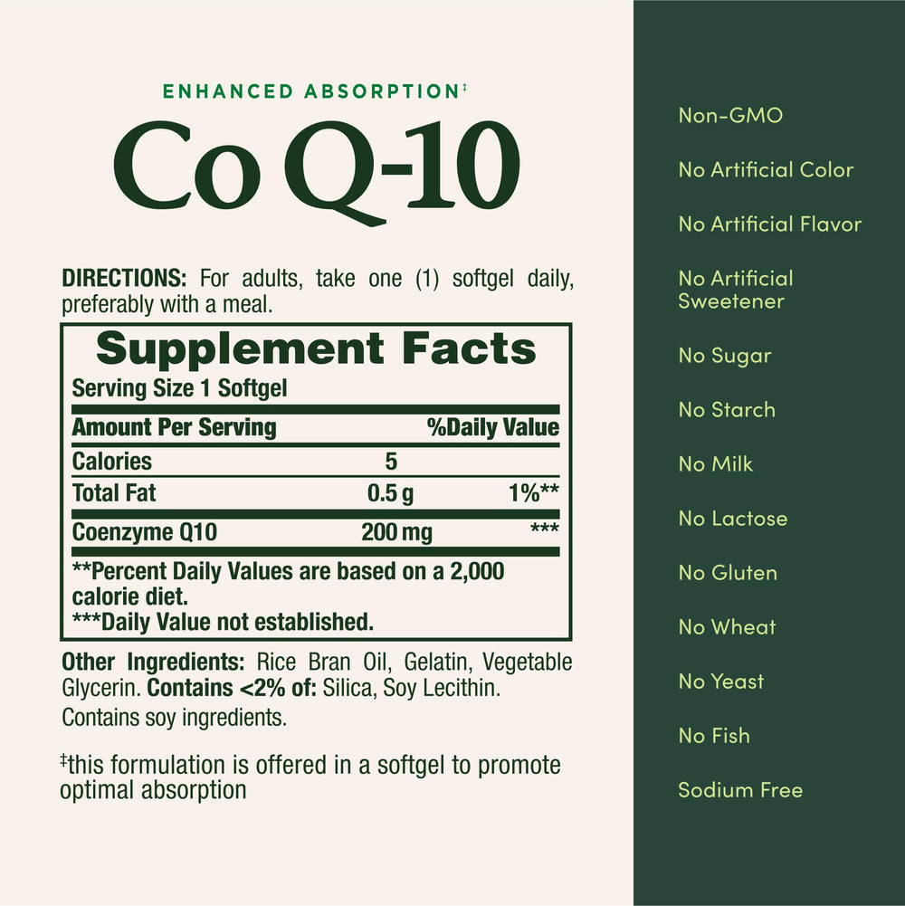 CoQ10 softgels packaging showing non-GMO, gluten-free, sugar-free, lactose-free