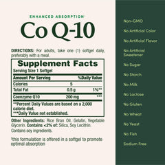 CoQ10 softgels packaging showing non-GMO, gluten-free, sugar-free, lactose-free
